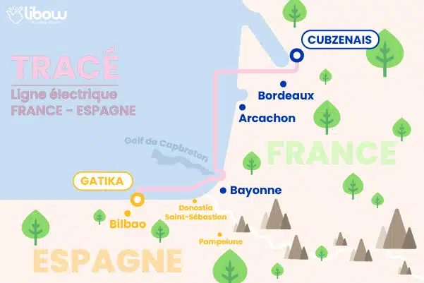 Carte du tracé de la future interconnexion électrique entre la France et l’Espagne via le golfe de Gascogne